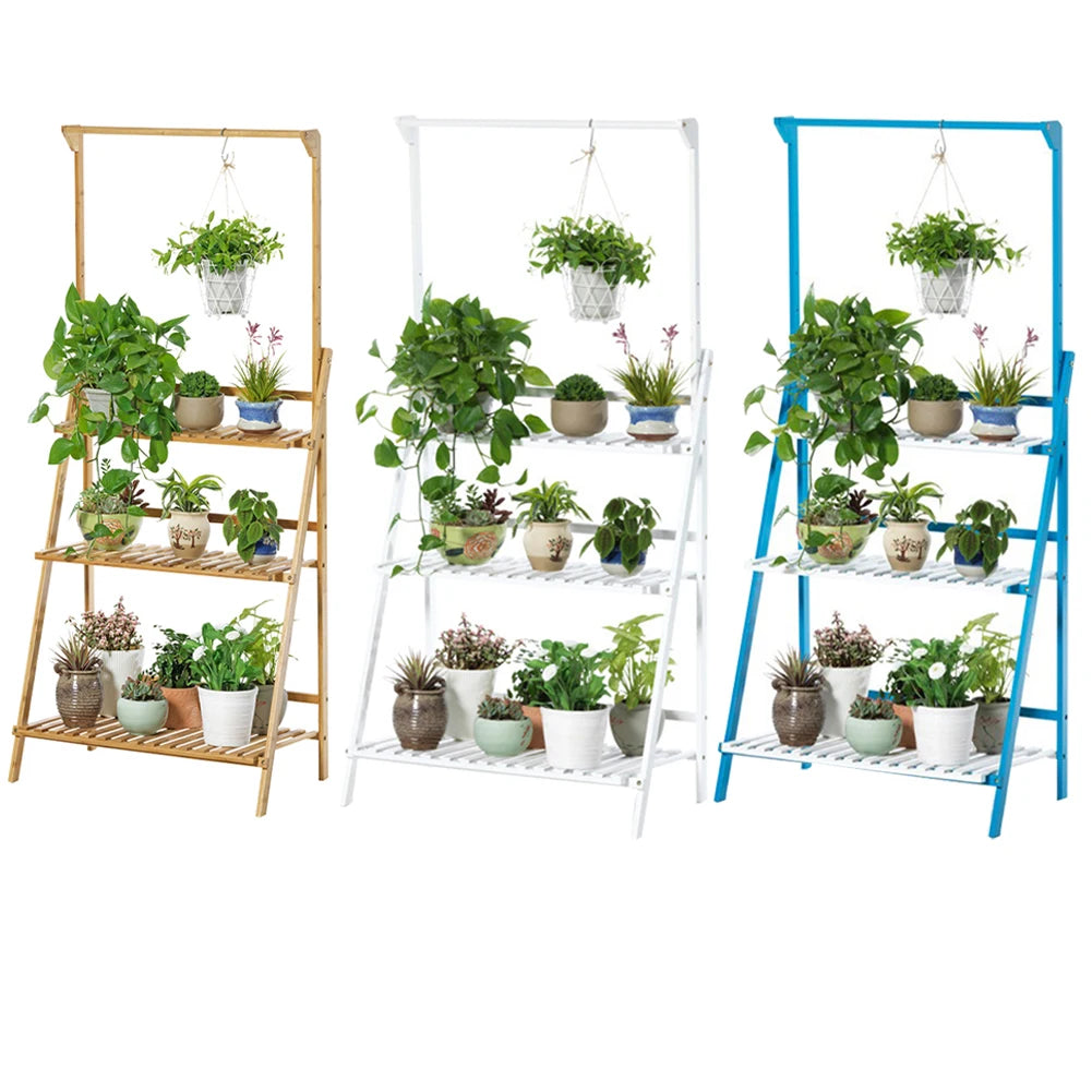 【Breeins】3 Tier Ladder Foldable Plant Stand with Hanging Bar, Wood For Home Office Outdoor Indoor Decoration Plants Organizer