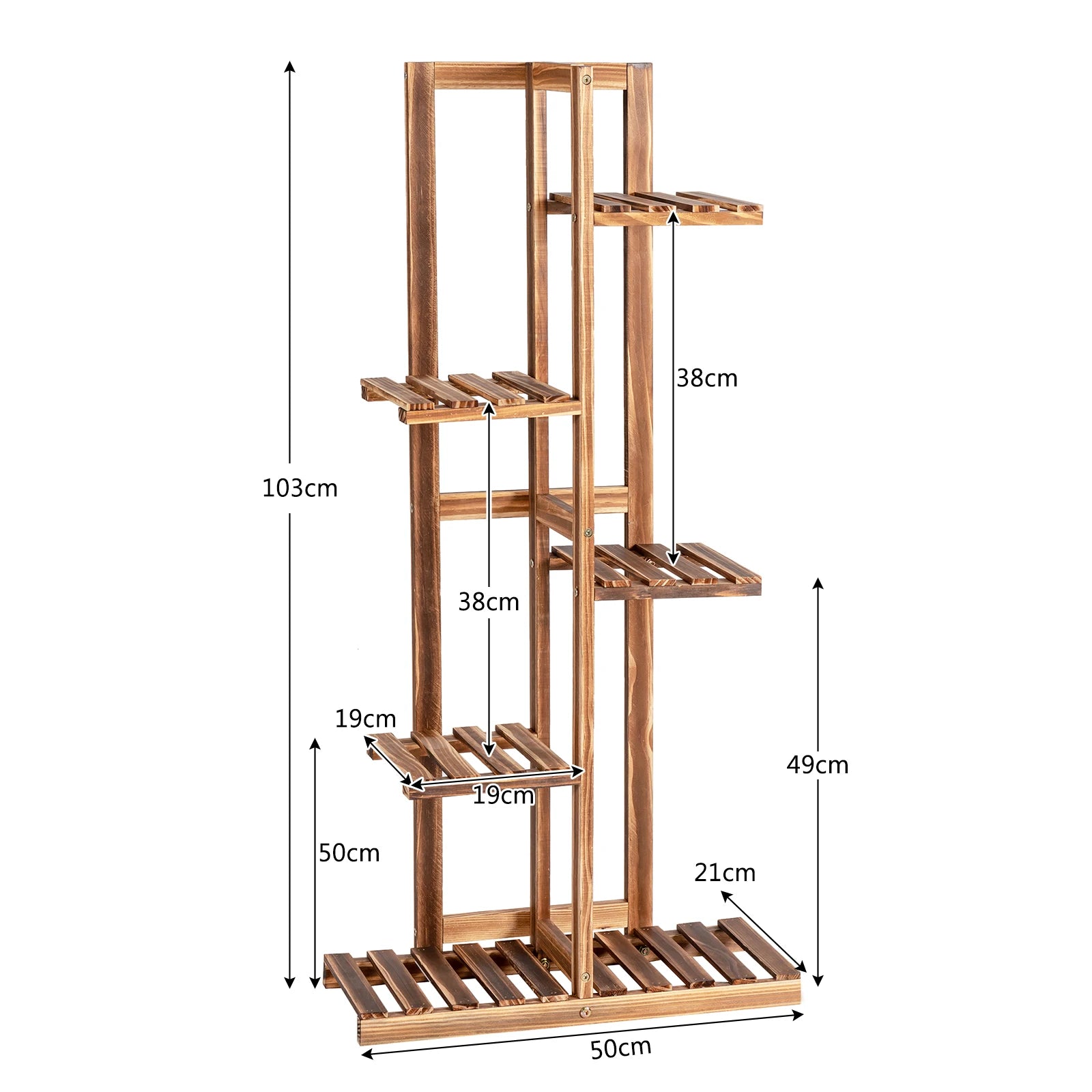 GOFLAME Wood 5 Tier 6 Pots Plant Stand, Indoor/Outdoor Flower Pot Holder, Free-standing Display Shelf with Anti-tipping Device