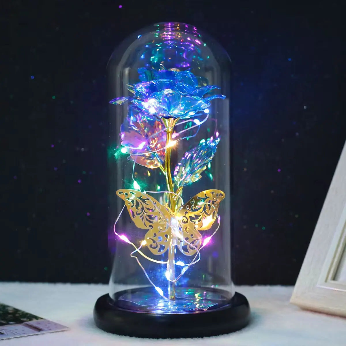 Pretty LED Light Up Flowers In Glass Dome, Rose With Fluttering Butterflies Gift