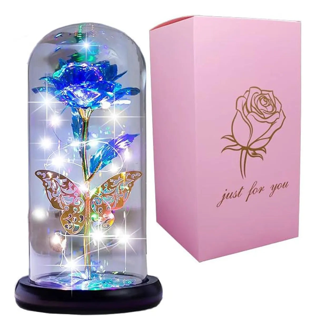 Pretty LED Light Up Flowers In Glass Dome, Rose With Fluttering Butterflies Gift