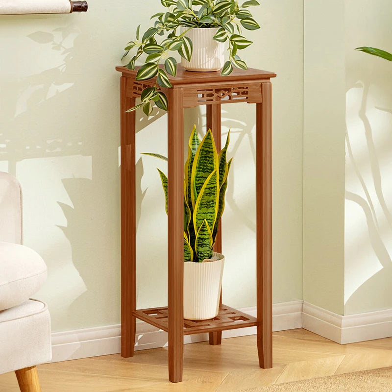 【Breeins】2-Tier Bamboo Plant Stand Classic Chinese Style Flower Stand Home Office Decoration Freestanding