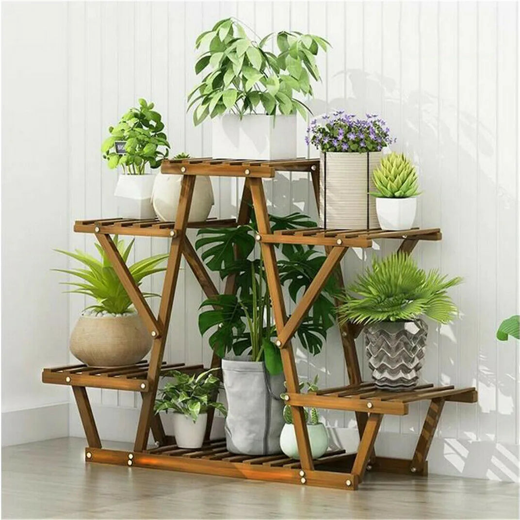 Carbonized Triangle 6 Tiered Corner Wood Plant Stand Flower Pot Display Shelf Rack Indoor Outdoor
