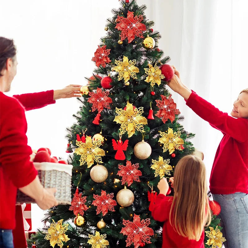 5/10Pcs 11cm Christmas Decoration Glitter Artifical Flowers Xmas Tree Wreath  Ornaments for Home New Year 2026 Decor Accessories