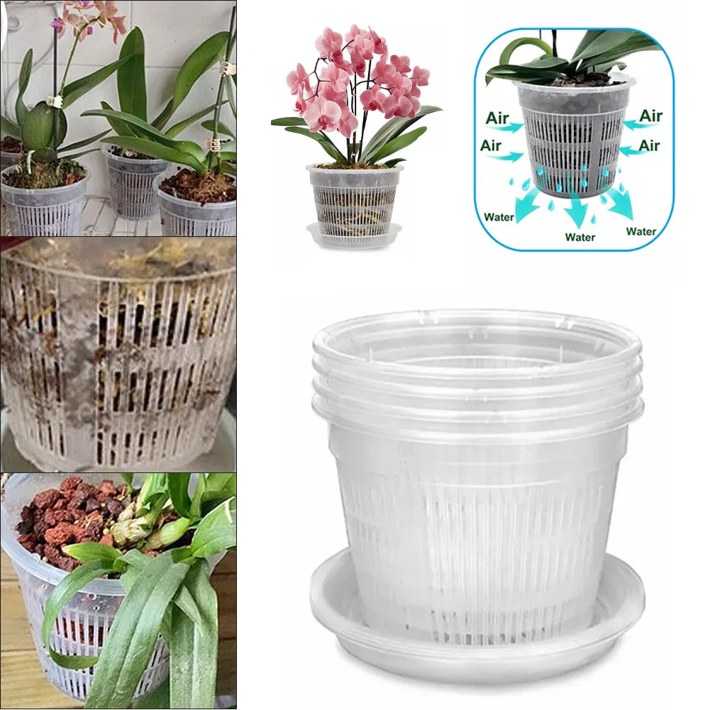 5pcs Clear Nursery Pots Garden Planting Pot Orchid Pot With Saucers Plastic Breathable Pot With Tray Repotting Pot With Holes