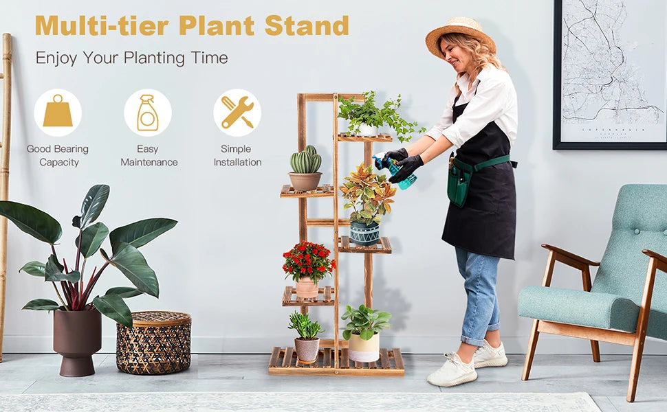 GOFLAME Wood 5 Tier 6 Pots Plant Stand, Indoor/Outdoor Flower Pot Holder, Free-standing Display Shelf with Anti-tipping Device