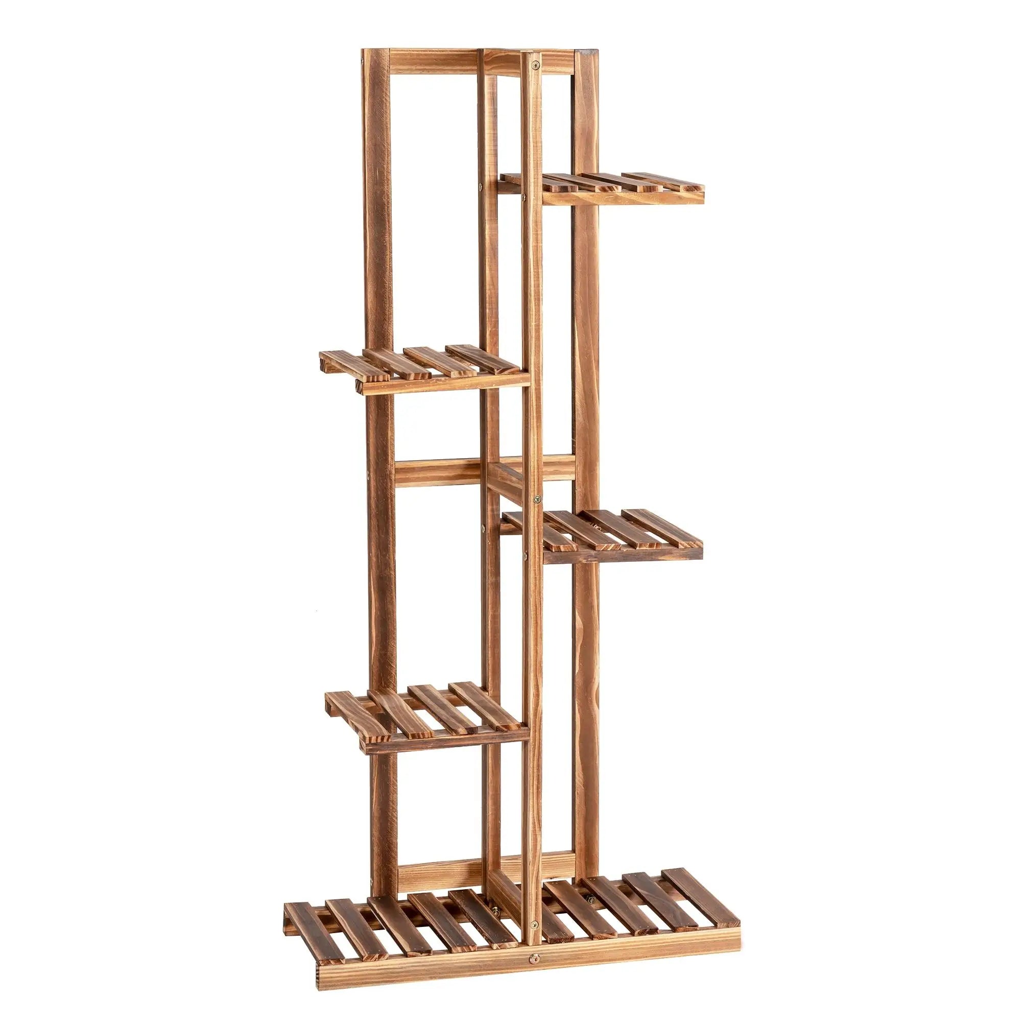 GOFLAME Wood 5 Tier 6 Pots Plant Stand, Indoor/Outdoor Flower Pot Holder, Free-standing Display Shelf with Anti-tipping Device