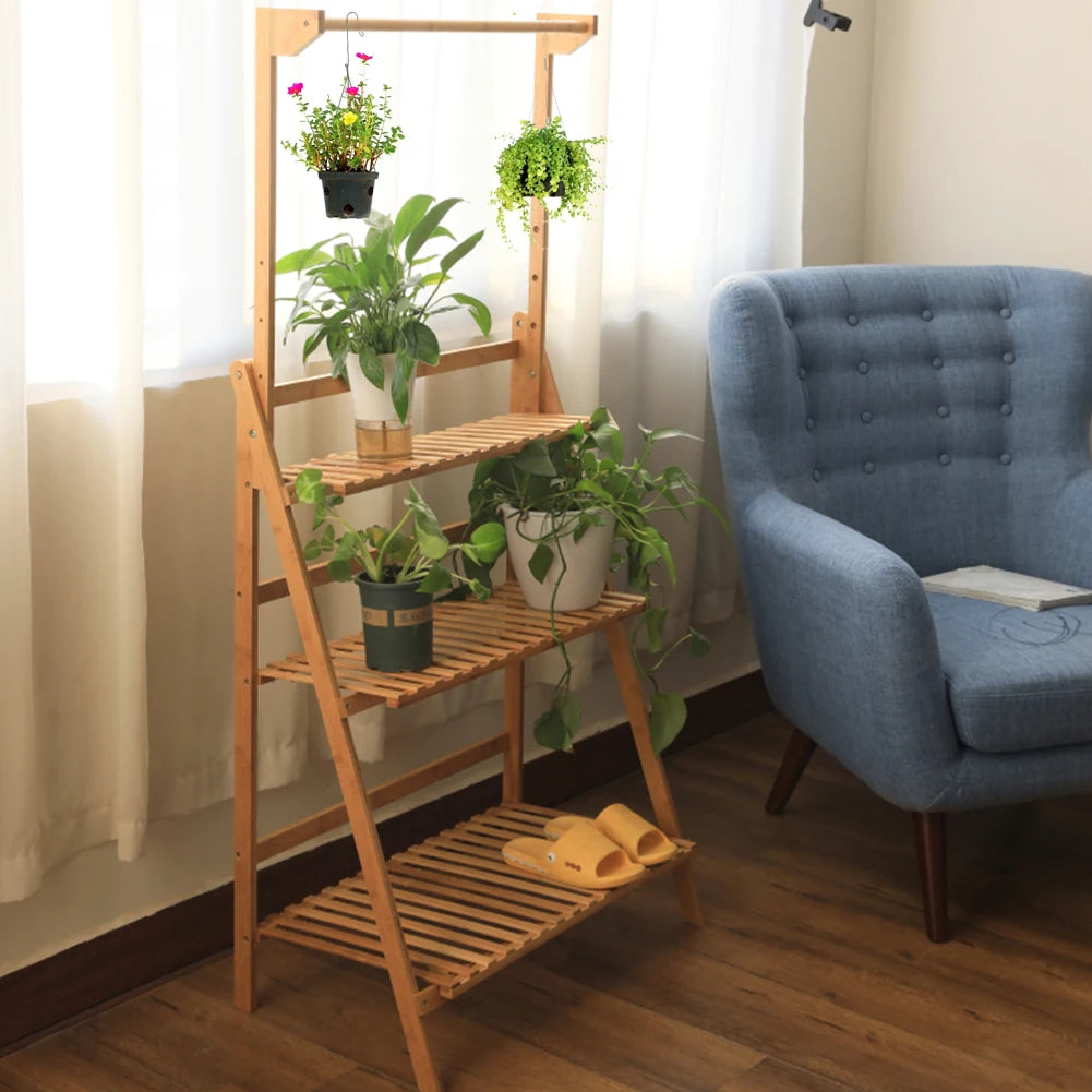 【Breeins】3 Tier Ladder Foldable Plant Stand with Hanging Bar, Wood For Home Office Outdoor Indoor Decoration Plants Organizer