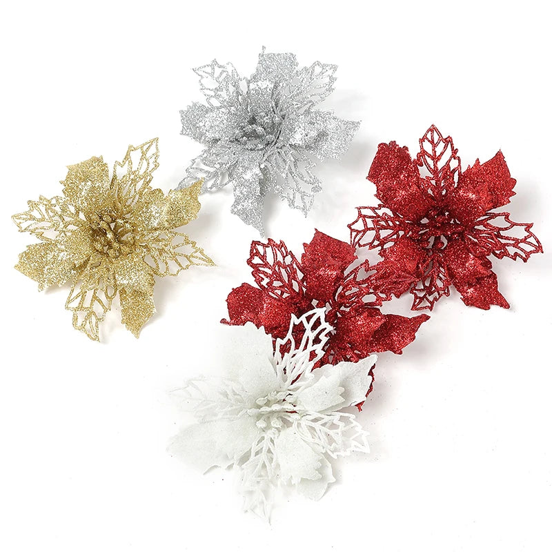 5/10Pcs 11cm Christmas Decoration Glitter Artifical Flowers Xmas Tree Wreath  Ornaments for Home New Year 2026 Decor Accessories