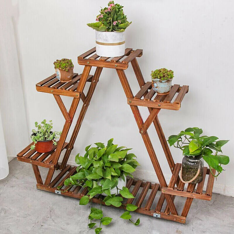 Carbonized Triangle 6 Tiered Corner Wood Plant Stand Flower Pot Display Shelf Rack Indoor Outdoor