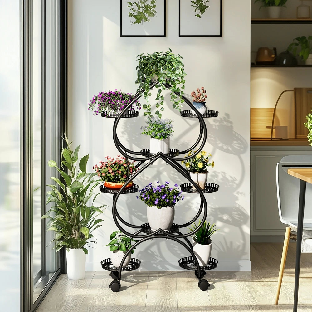 6-Tier Metal Plant Stand Heart-shaped Flower Stand Rack with Wheels for Indoor Outdoor Multiple Plants Shelf Rack