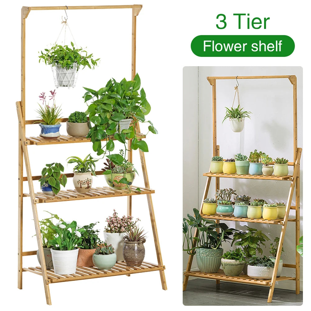 【Breeins】3 Tier Ladder Foldable Plant Stand with Hanging Bar, Wood For Home Office Outdoor Indoor Decoration Plants Organizer