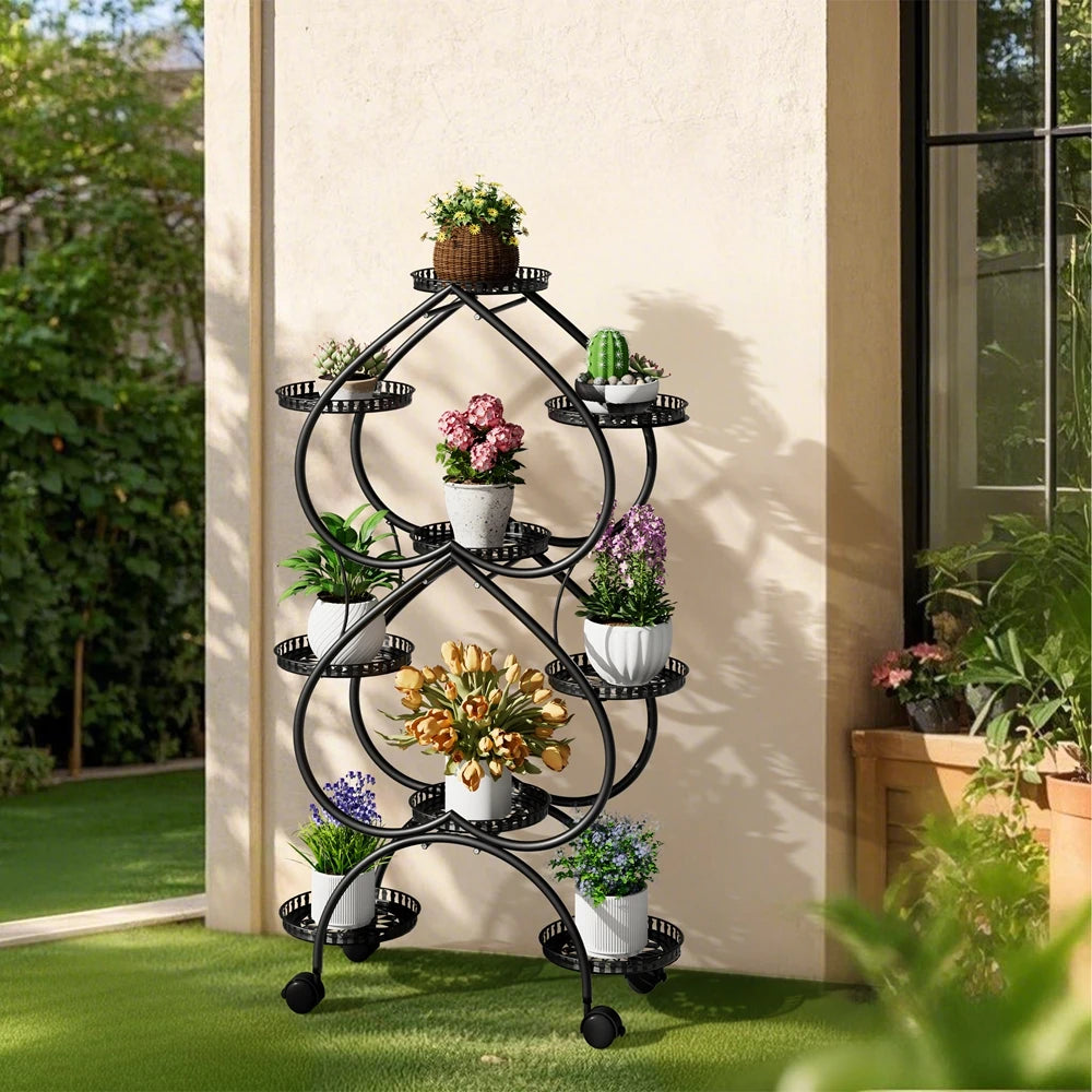 6-Tier Metal Plant Stand Heart-shaped Flower Stand Rack with Wheels for Indoor Outdoor Multiple Plants Shelf Rack