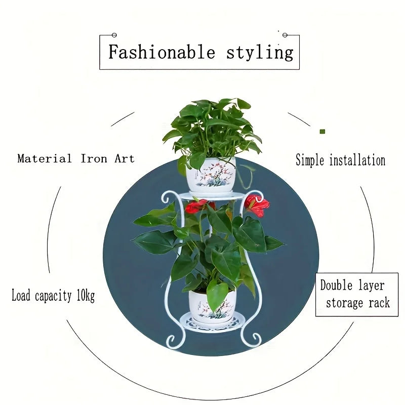 1 Pack, Elegant Double-Layered Metal Flower Rack Stand - Multi-Layer Floor Standing Plant Display with Modern European Style for