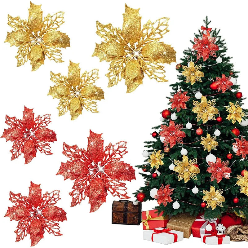 5/10Pcs 11cm Christmas Decoration Glitter Artifical Flowers Xmas Tree Wreath  Ornaments for Home New Year 2026 Decor Accessories