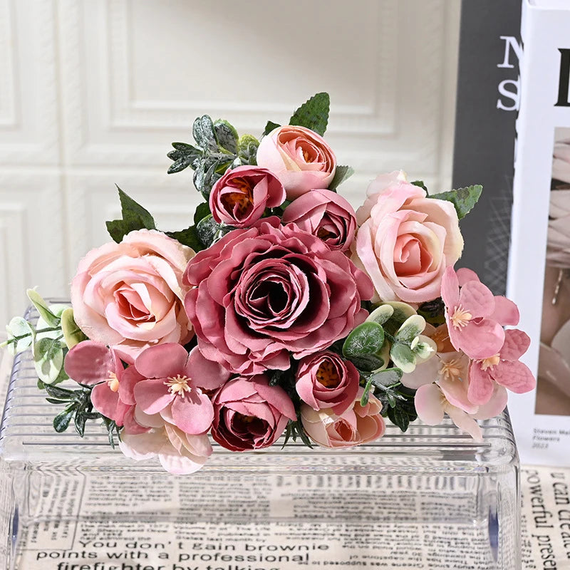 7 Heads Artificial Flowers Silk Peony Rose Hydrangea Bouquet Home Decorations Party Wedding Bride Fake Plants