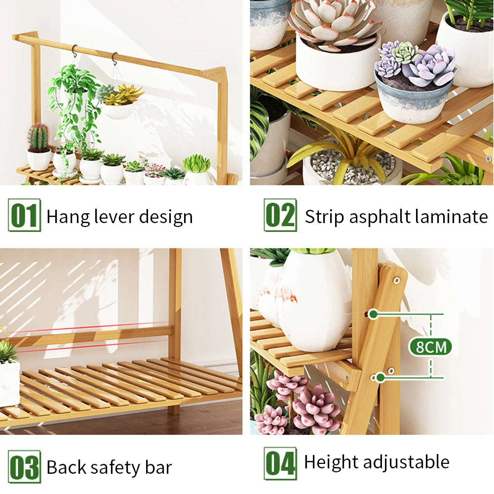 【Breeins】3 Tier Ladder Foldable Plant Stand with Hanging Bar, Wood For Home Office Outdoor Indoor Decoration Plants Organizer