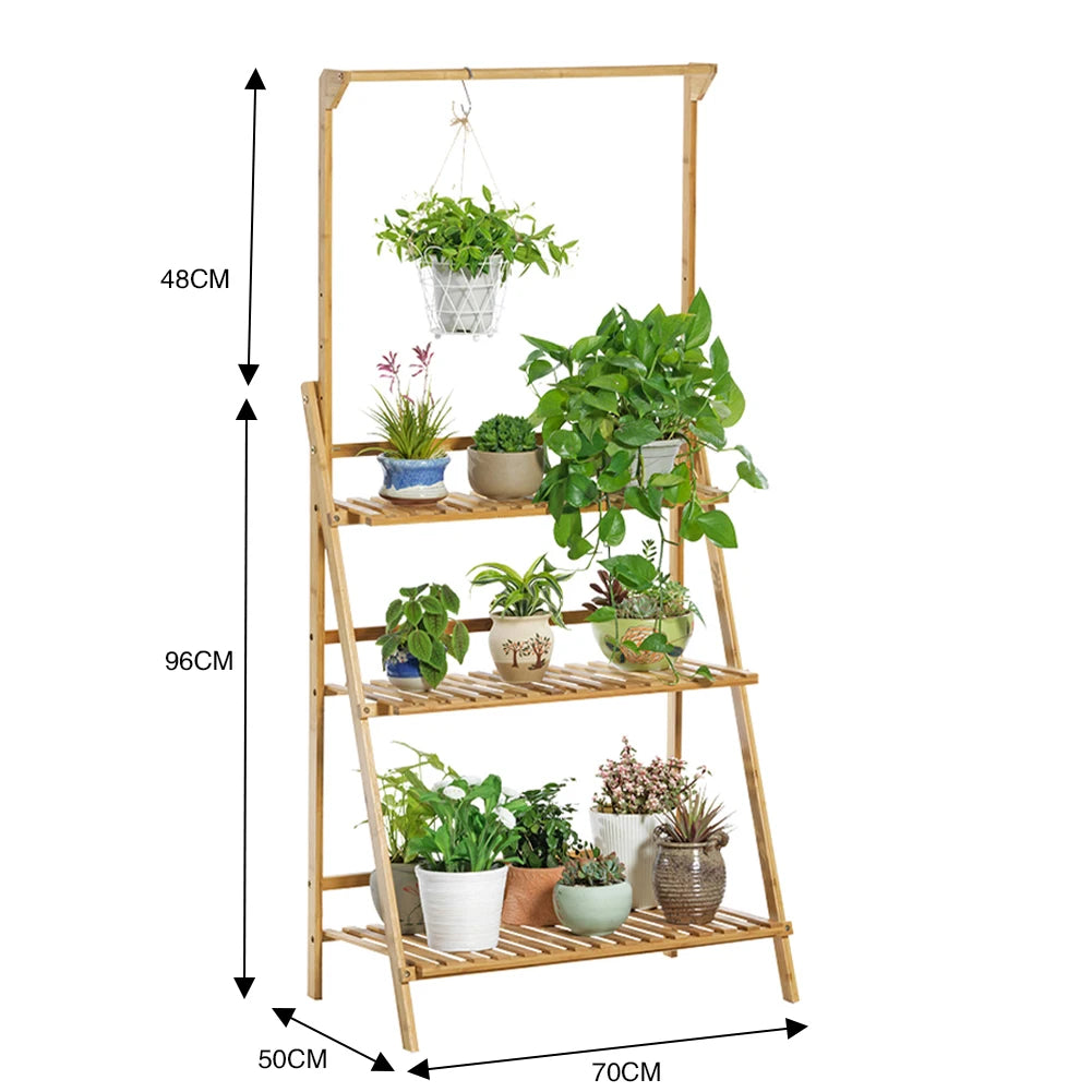【Breeins】3 Tier Ladder Foldable Plant Stand with Hanging Bar, Wood For Home Office Outdoor Indoor Decoration Plants Organizer