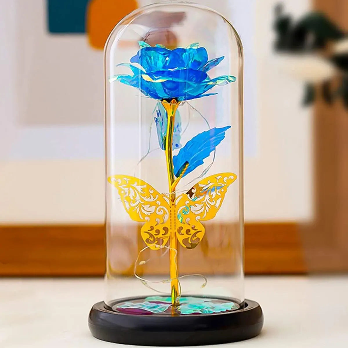 Pretty LED Light Up Flowers In Glass Dome, Rose With Fluttering Butterflies Gift