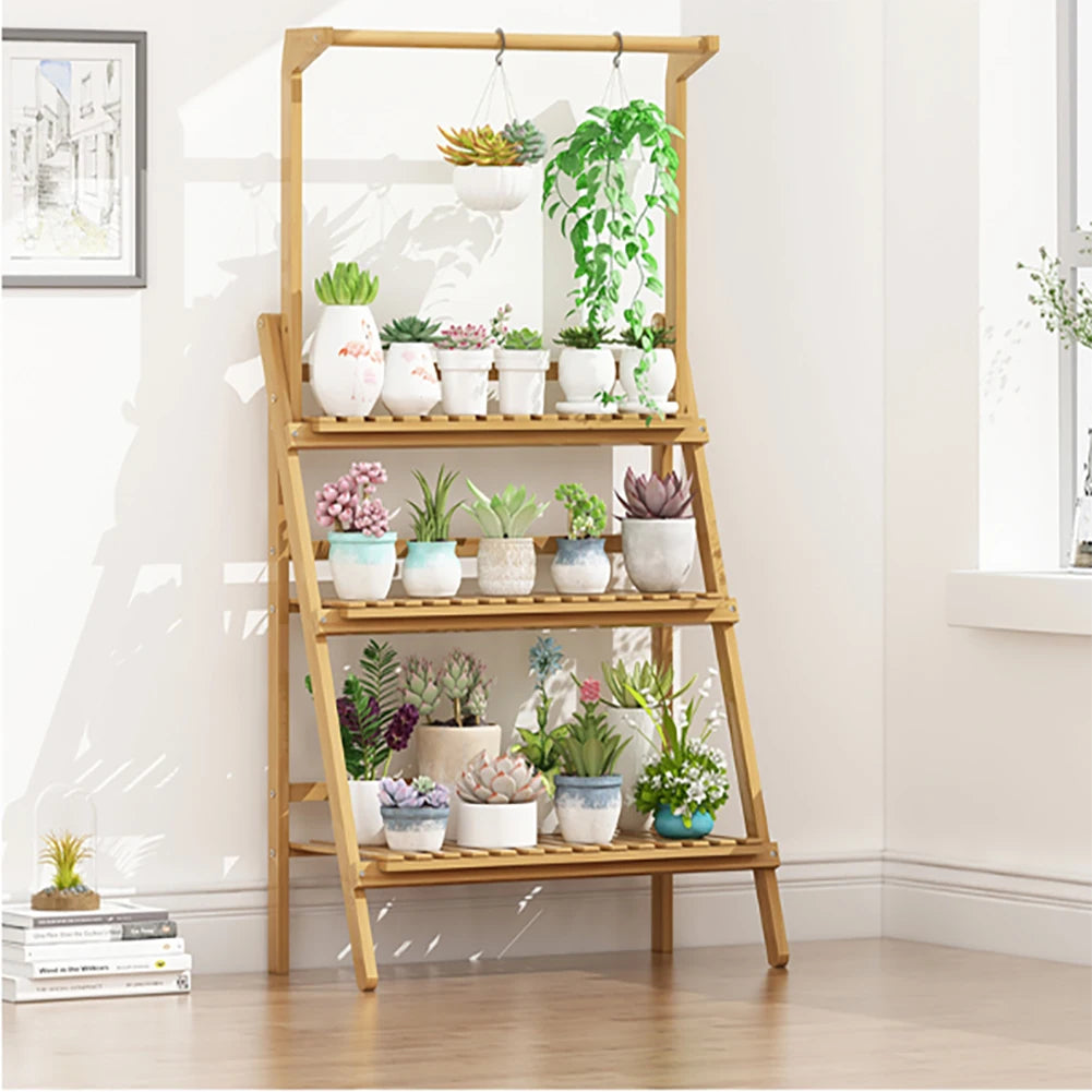 【Breeins】3 Tier Ladder Foldable Plant Stand with Hanging Bar, Wood For Home Office Outdoor Indoor Decoration Plants Organizer