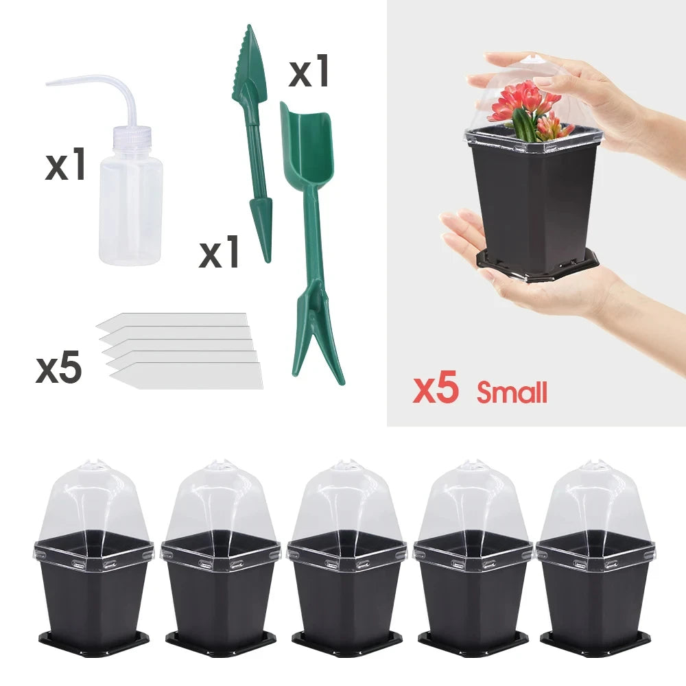 Sturdy Black Planter Pots with Tray Transparent Humidity Dome Cover Garden Greenhouse Seed Starter Germination Kit Flower Plante