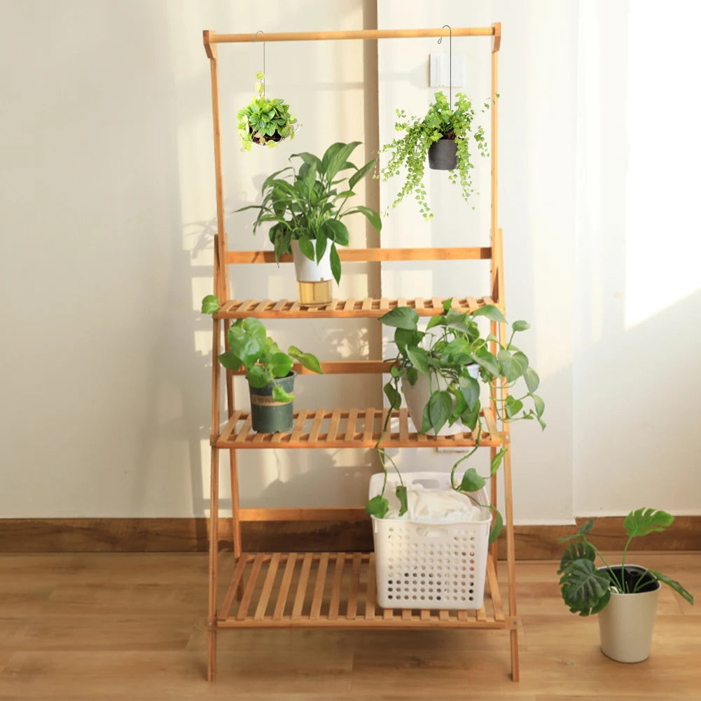 【Breeins】3 Tier Ladder Foldable Plant Stand with Hanging Bar, Wood For Home Office Outdoor Indoor Decoration Plants Organizer