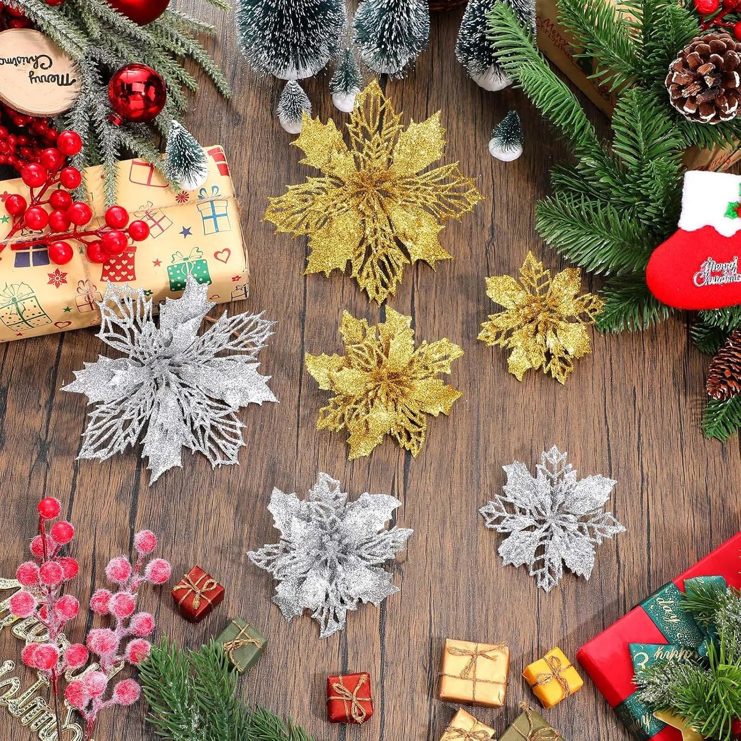 5/10Pcs 11cm Christmas Decoration Glitter Artifical Flowers Xmas Tree Wreath  Ornaments for Home New Year 2026 Decor Accessories