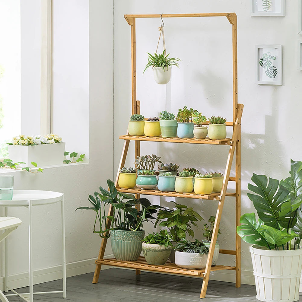【Breeins】3 Tier Ladder Foldable Plant Stand with Hanging Bar, Wood For Home Office Outdoor Indoor Decoration Plants Organizer
