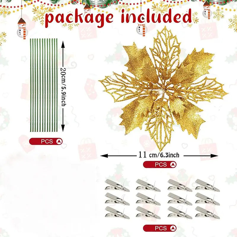 5/10Pcs 11cm Christmas Decoration Glitter Artifical Flowers Xmas Tree Wreath  Ornaments for Home New Year 2026 Decor Accessories