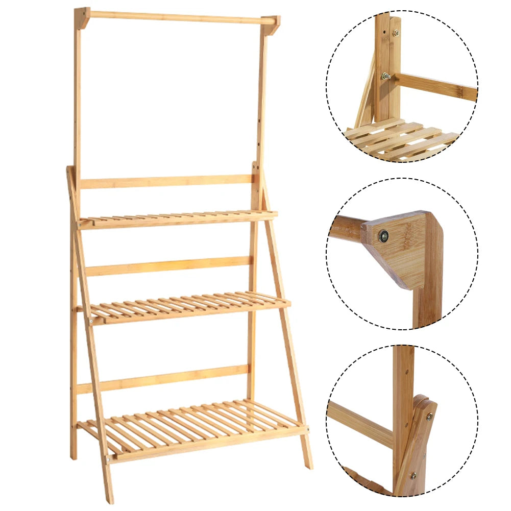 【Breeins】3 Tier Ladder Foldable Plant Stand with Hanging Bar, Wood For Home Office Outdoor Indoor Decoration Plants Organizer