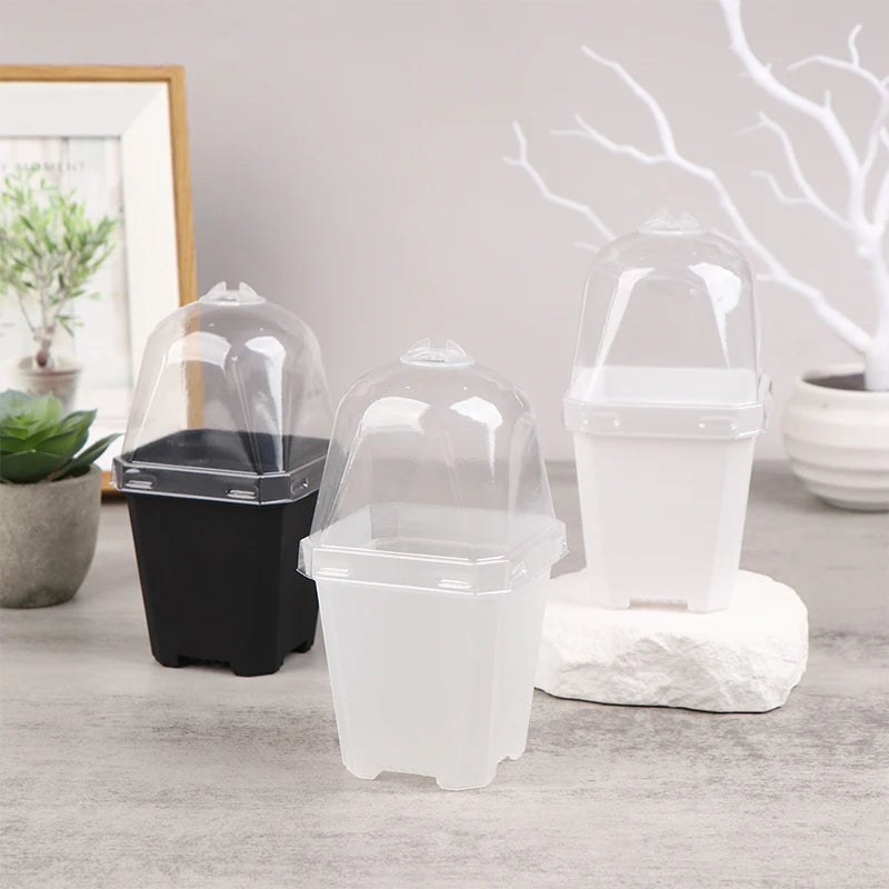 5Pcs Square Small Flower Pot Nursery Pot With Humidity Dome Transparent Gardening Pot Square Flower Starting Pots
