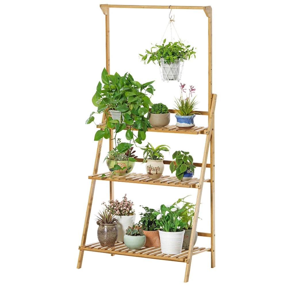 【Breeins】3 Tier Ladder Foldable Plant Stand with Hanging Bar, Wood For Home Office Outdoor Indoor Decoration Plants Organizer