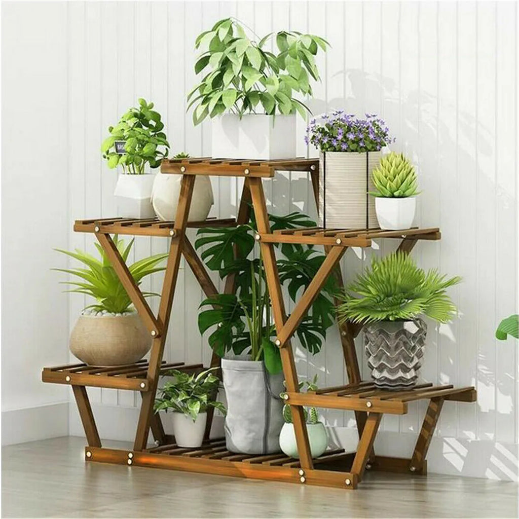 Carbonized Triangle 6 Tiered Corner Wood Plant Stand Flower Pot Display Shelf Rack Indoor Outdoor