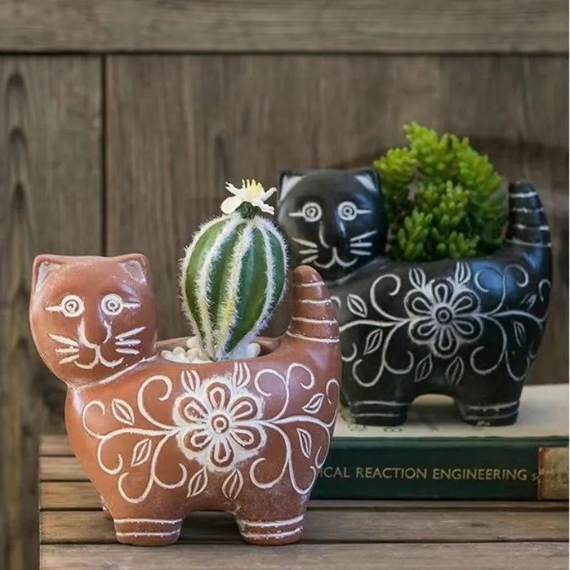Cartoon Cat Flowerpot Cement Concrete Kitten Statue Shaped Succulent Flower Pot Courtyard Decoration for Crafts Home Decorations