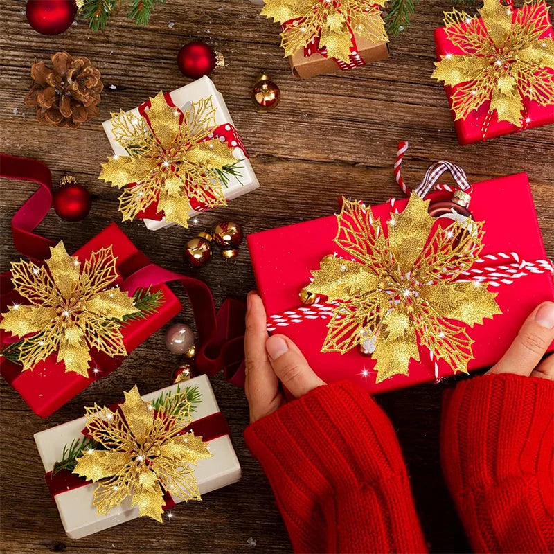 5/10Pcs 11cm Christmas Decoration Glitter Artifical Flowers Xmas Tree Wreath  Ornaments for Home New Year 2026 Decor Accessories