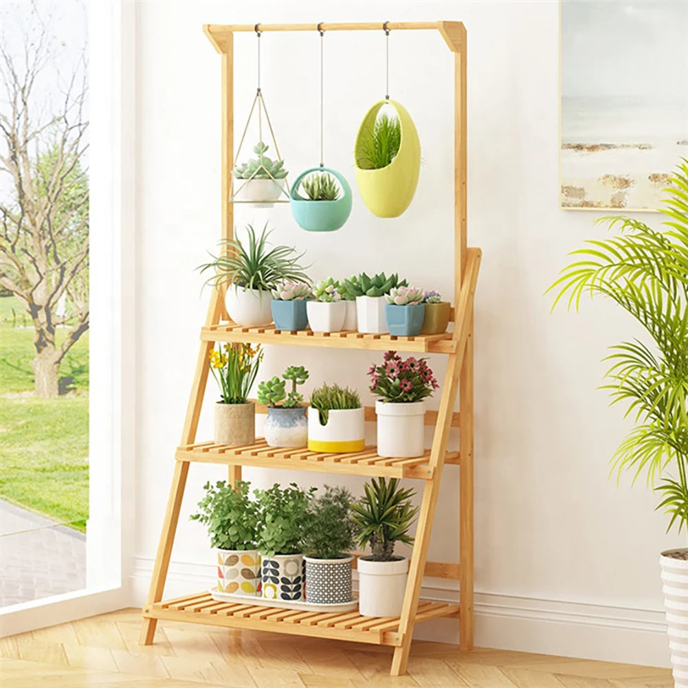 【Breeins】3 Tier Ladder Foldable Plant Stand with Hanging Bar, Wood For Home Office Outdoor Indoor Decoration Plants Organizer