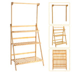 【Breeins】3 Tier Ladder Foldable Plant Stand with Hanging Bar, Wood For Home Office Outdoor Indoor Decoration Plants Organizer