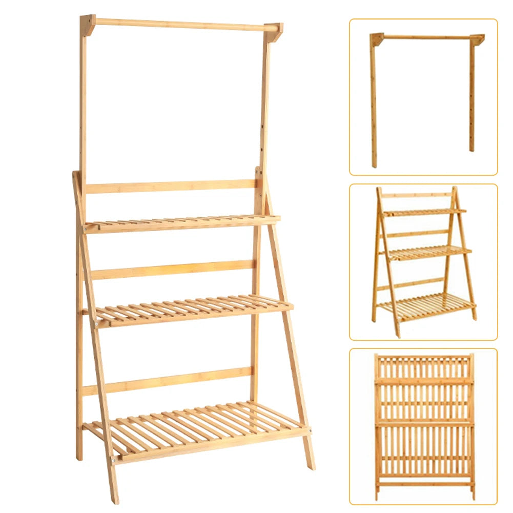 【Breeins】3 Tier Ladder Foldable Plant Stand with Hanging Bar, Wood For Home Office Outdoor Indoor Decoration Plants Organizer