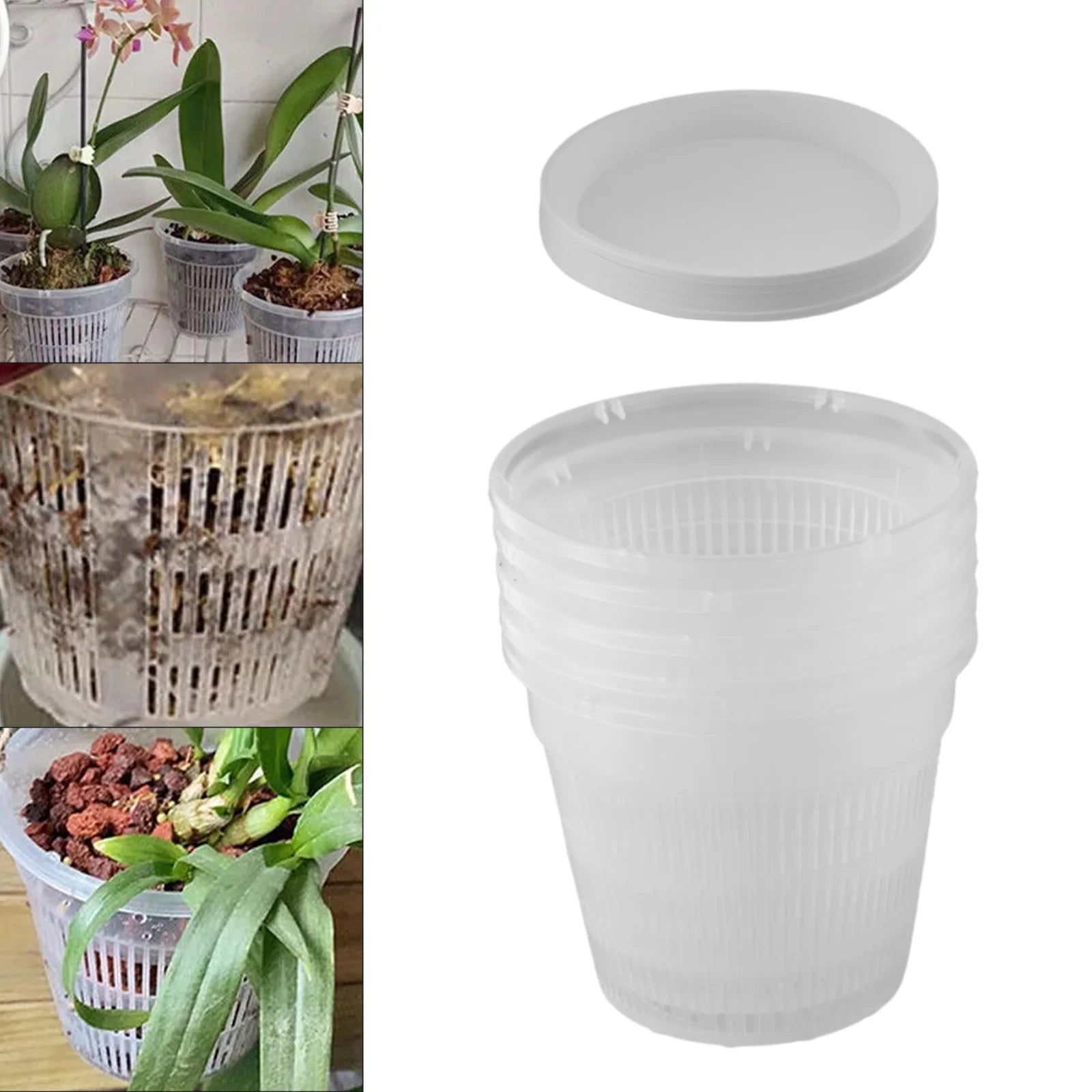 5pcs Clear Nursery Pots Garden Planting Pot Orchid Pot With Saucers Plastic Breathable Pot With Tray Repotting Pot With Holes