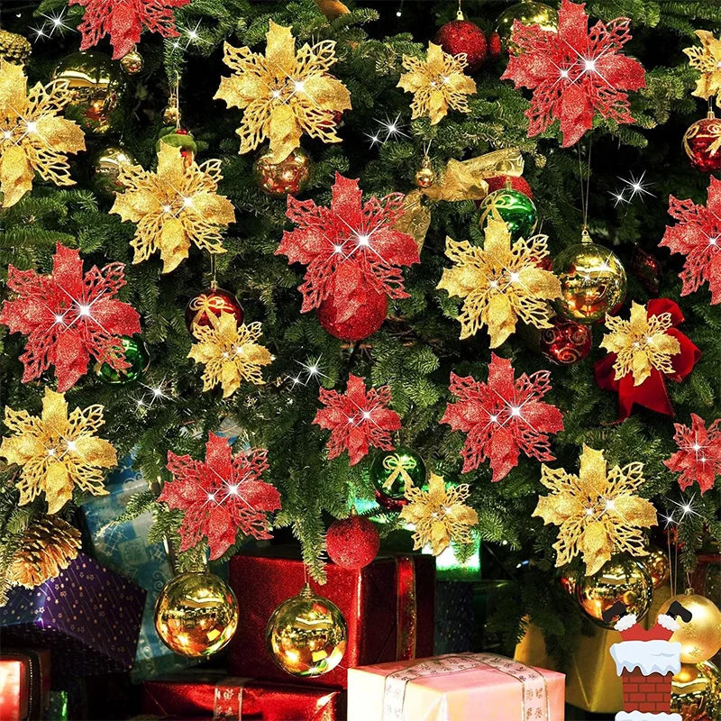 5/10Pcs 11cm Christmas Decoration Glitter Artifical Flowers Xmas Tree Wreath  Ornaments for Home New Year 2026 Decor Accessories