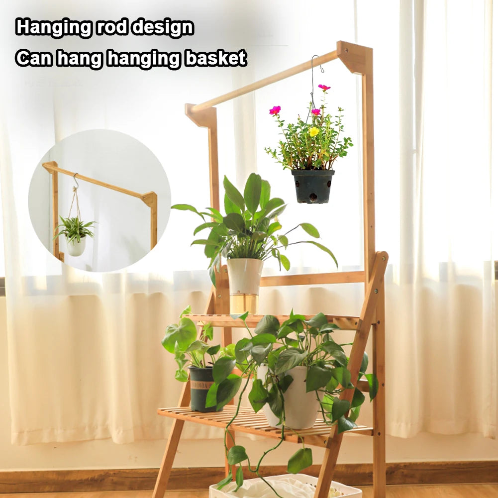 【Breeins】3 Tier Ladder Foldable Plant Stand with Hanging Bar, Wood For Home Office Outdoor Indoor Decoration Plants Organizer
