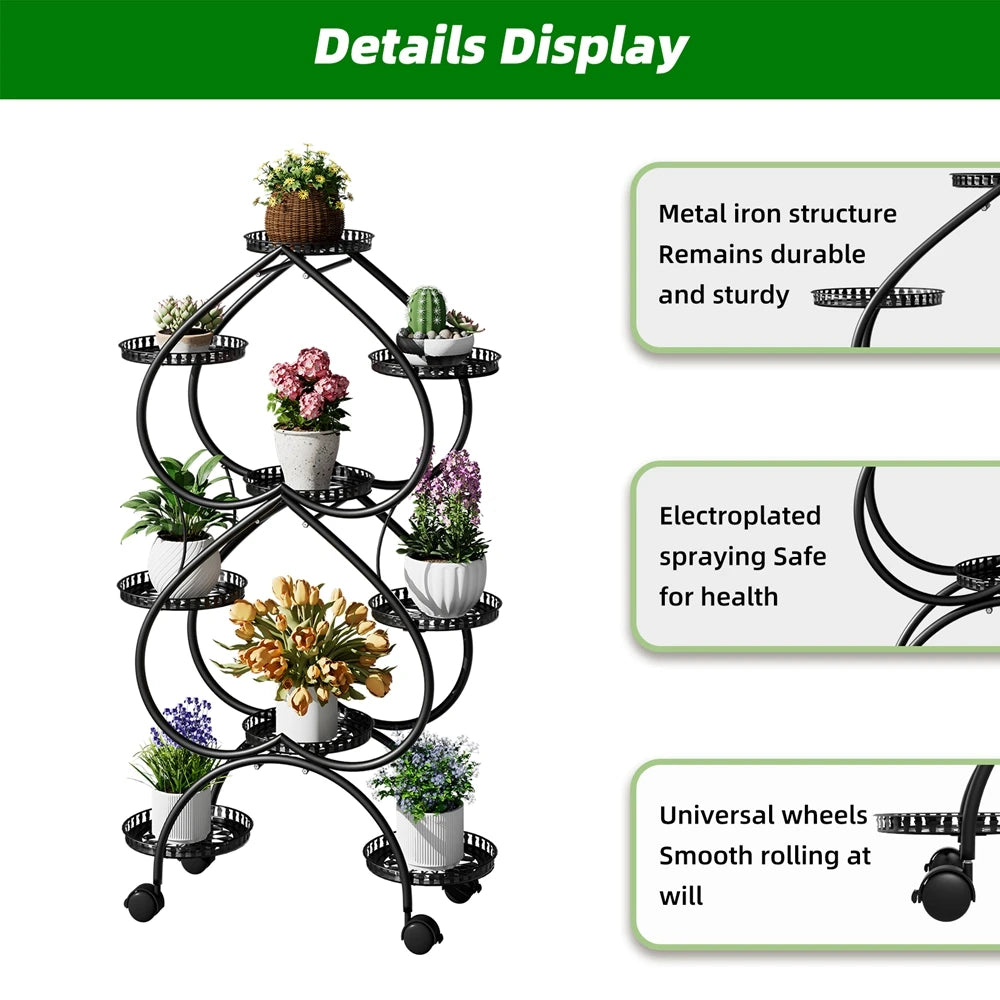 6-Tier Metal Plant Stand Heart-shaped Flower Stand Rack with Wheels for Indoor Outdoor Multiple Plants Shelf Rack