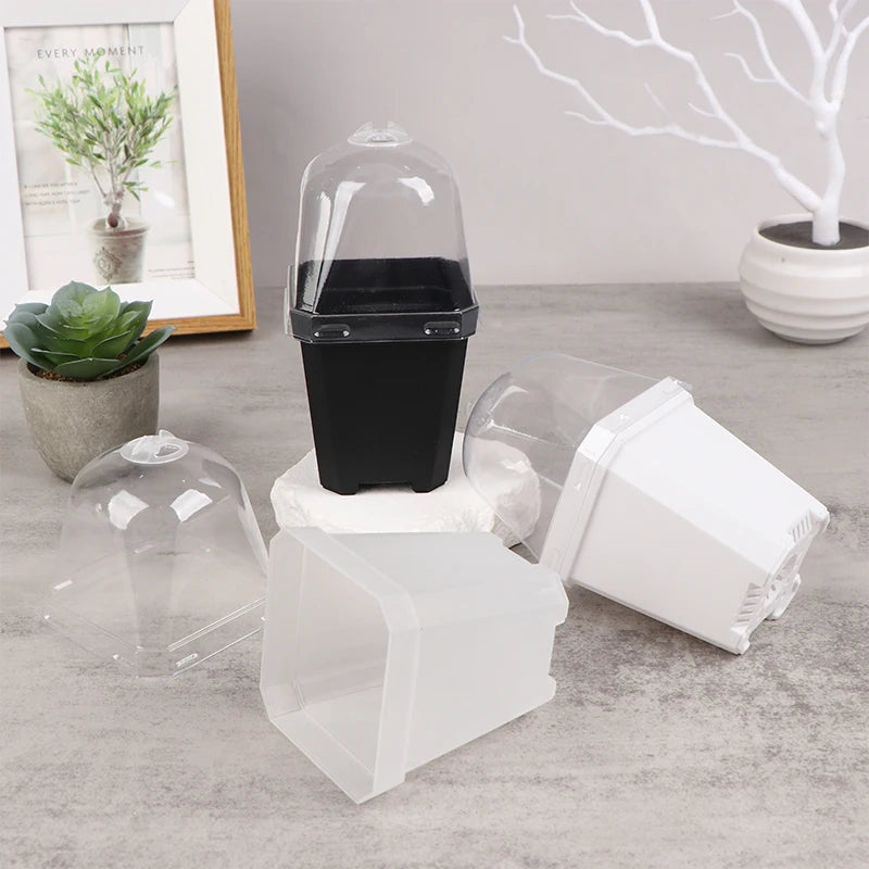 5Pcs Square Small Flower Pot Nursery Pot With Humidity Dome Transparent Gardening Pot Square Flower Starting Pots