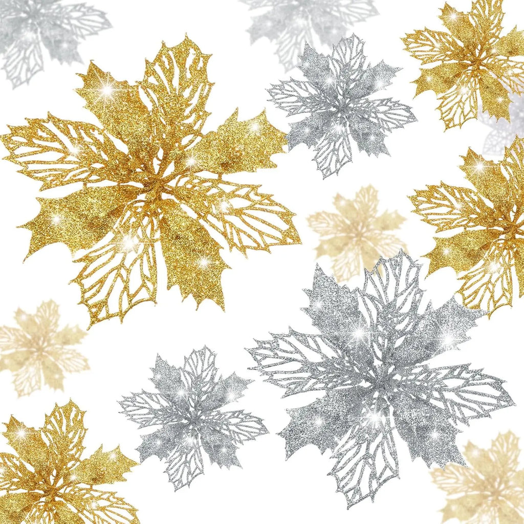 5/10Pcs 11cm Christmas Decoration Glitter Artifical Flowers Xmas Tree Wreath  Ornaments for Home New Year 2026 Decor Accessories