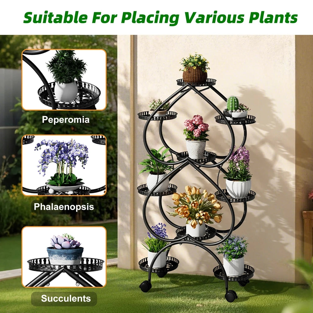 6-Tier Metal Plant Stand Heart-shaped Flower Stand Rack with Wheels for Indoor Outdoor Multiple Plants Shelf Rack