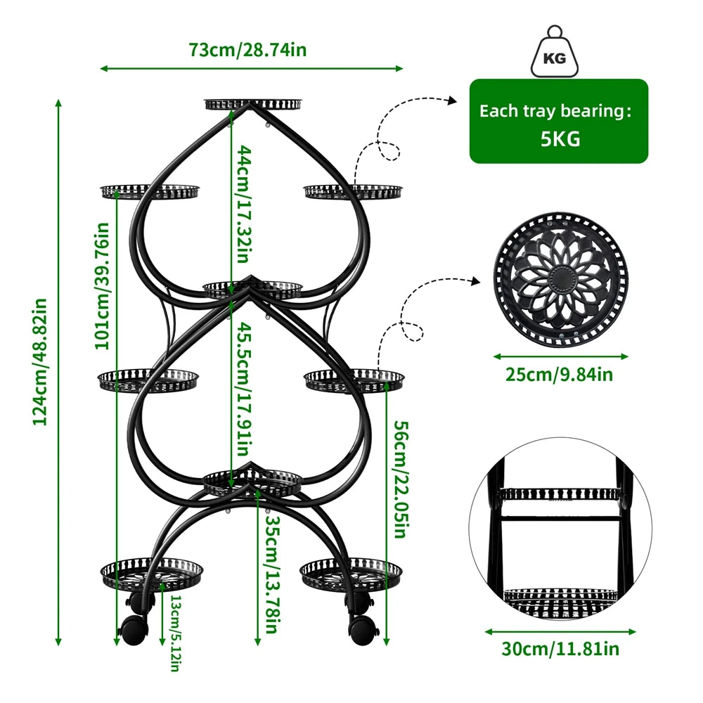 6-Tier Metal Plant Stand Heart-shaped Flower Stand Rack with Wheels for Indoor Outdoor Multiple Plants Shelf Rack