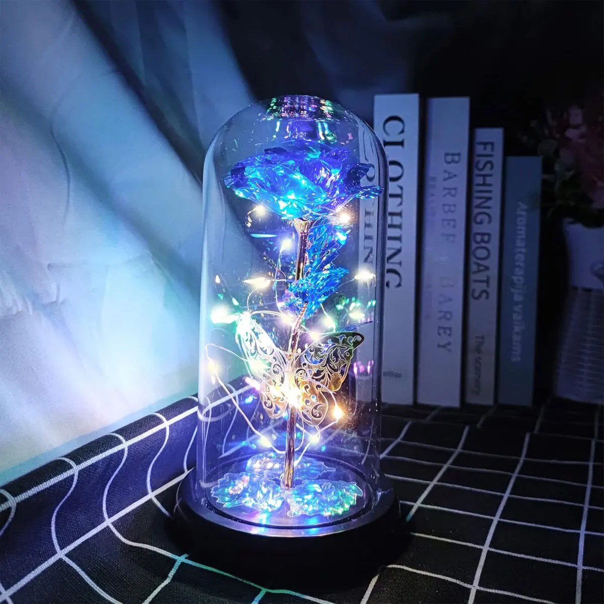 Pretty LED Light Up Flowers In Glass Dome, Rose With Fluttering Butterflies Gift