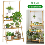 【Breeins】3 Tier Ladder Foldable Plant Stand with Hanging Bar, Wood For Home Office Outdoor Indoor Decoration Plants Organizer