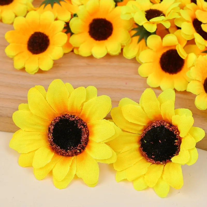 30-150Pcs Yellow Artificial Flower Heads Craft Floral Embellishments Wreaths Wedding Artificial Sunflower Flowers Decoration