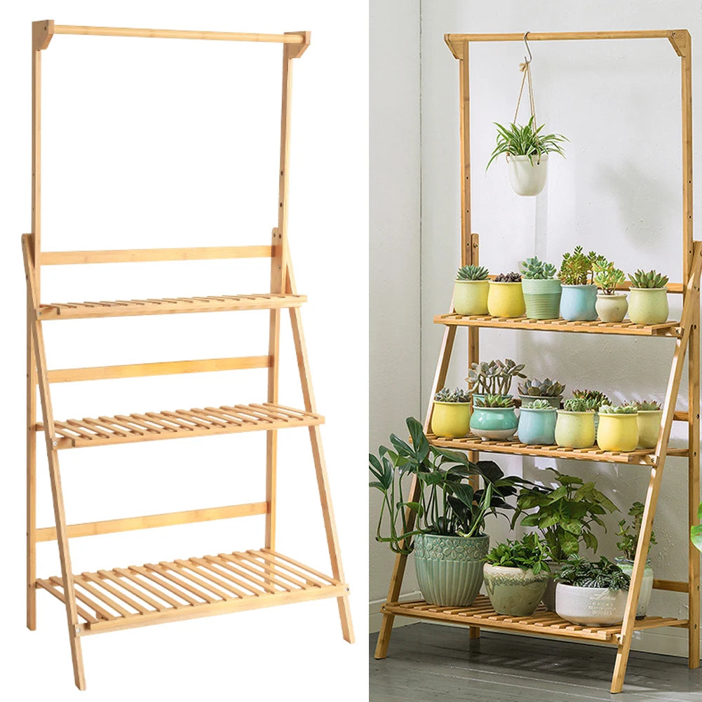 【Breeins】3 Tier Ladder Foldable Plant Stand with Hanging Bar, Wood For Home Office Outdoor Indoor Decoration Plants Organizer