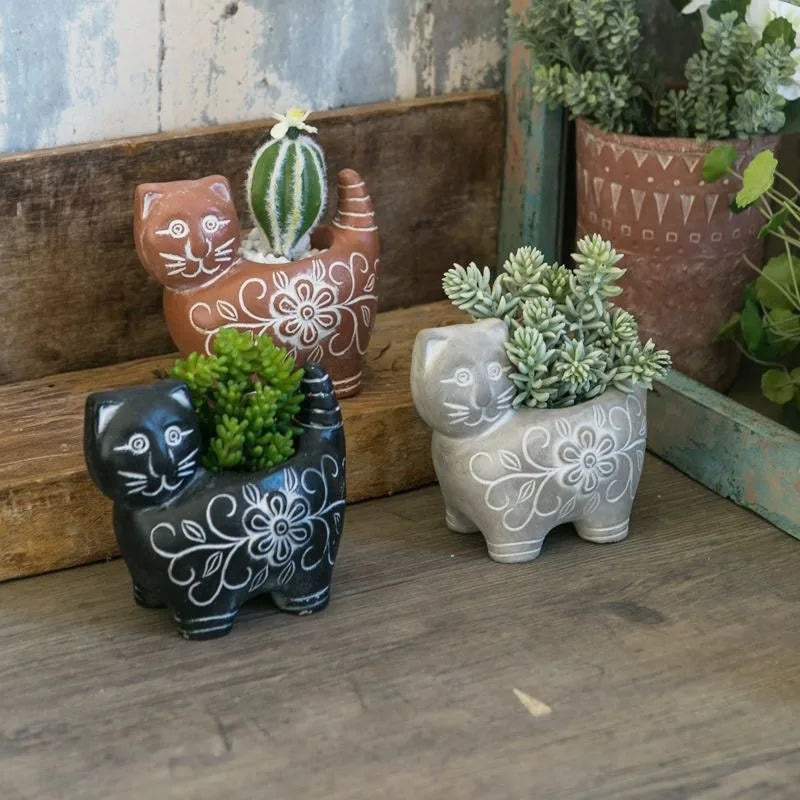 Cartoon Cat Flowerpot Cement Concrete Kitten Statue Shaped Succulent Flower Pot Courtyard Decoration for Crafts Home Decorations